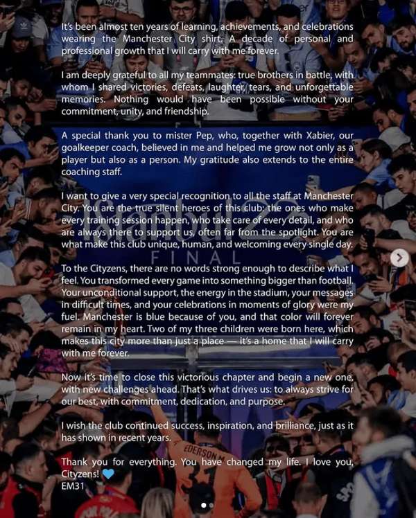 曼城十年征程落幕，埃德森动情告别：蓝月生涯铸就终身烙印